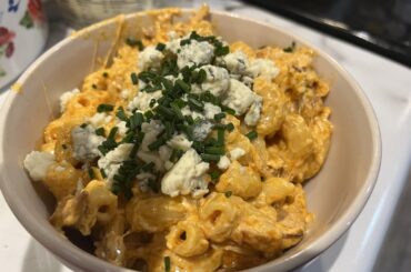 Smoked Buffalo Chicken Mac and Cheese. Smoked Gouda/colby Jack/sharp cheddar/mozzarella topped with blue cheese crumbles