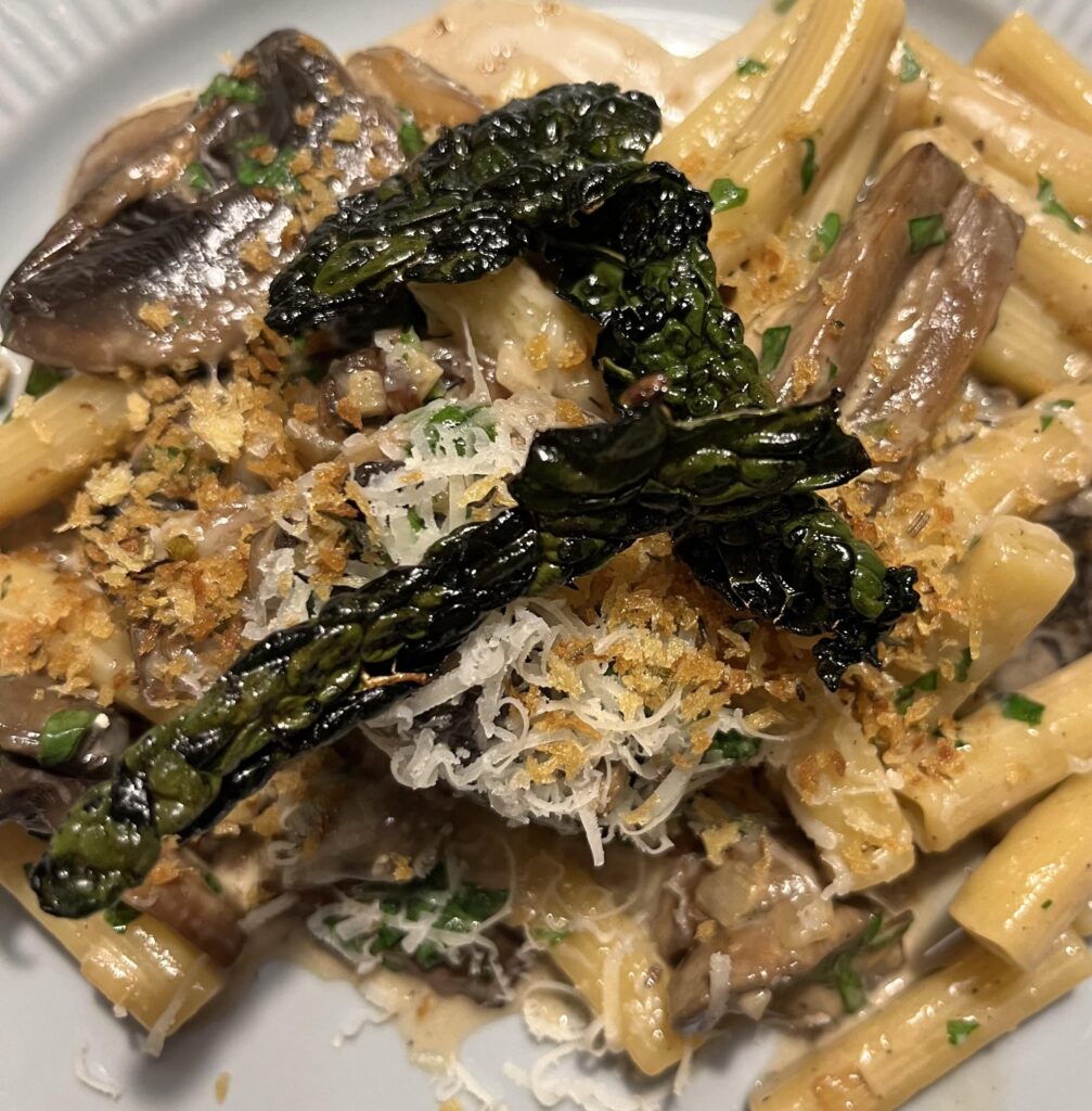 Pasta with mushrooms, roasted breadcrums and butter fried lemon splashed Cavalo Nero