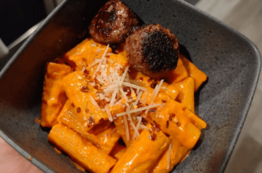 Pasta alla vodka with meatballs.