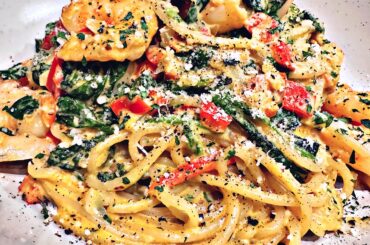 A personal favourite: Chilli and king prawn spaghetti with a creamy white wine and garlic sauce. Finished with a generous sprinkling of pecorino lots of cracked black pepper!