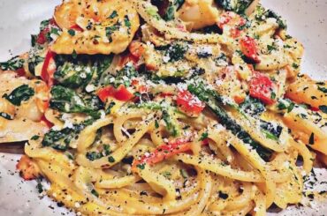 A personal favourite: Chilli and king prawn spaghetti with a creamy white wine and garlic sauce. Finished with a generous sprinkling of pecorino lots of cracked black pepper!