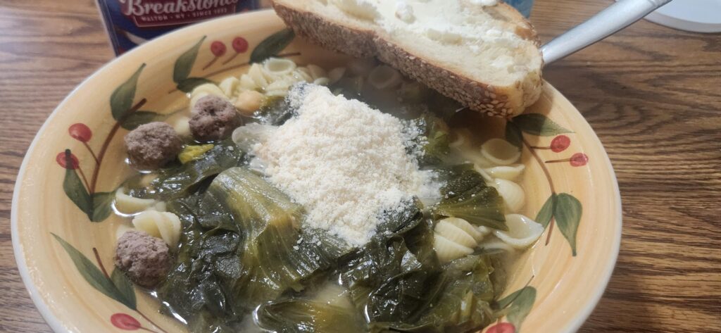 Escarole, beans, chick peas, ditalini and little polpettes (meatballs)