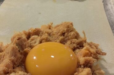 fried ravioli stuffed with kavourma and egg yolk. (Kalymnos Island, Hellas)