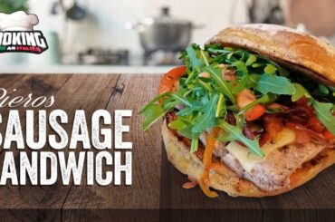 Ultimate Italian Sausage Sandwich: Piero's Ciabatta Delight with peppers onion and provolone cheese