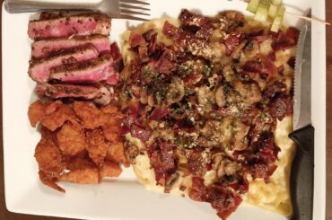 Mushroom and Bacon Fettuccine Alfredo, Steak and Shrimp.