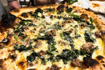 Rapini and Fennel Sausage White Pizza (Mozzarella, aged and fresh, pecorino, partanna evoo)