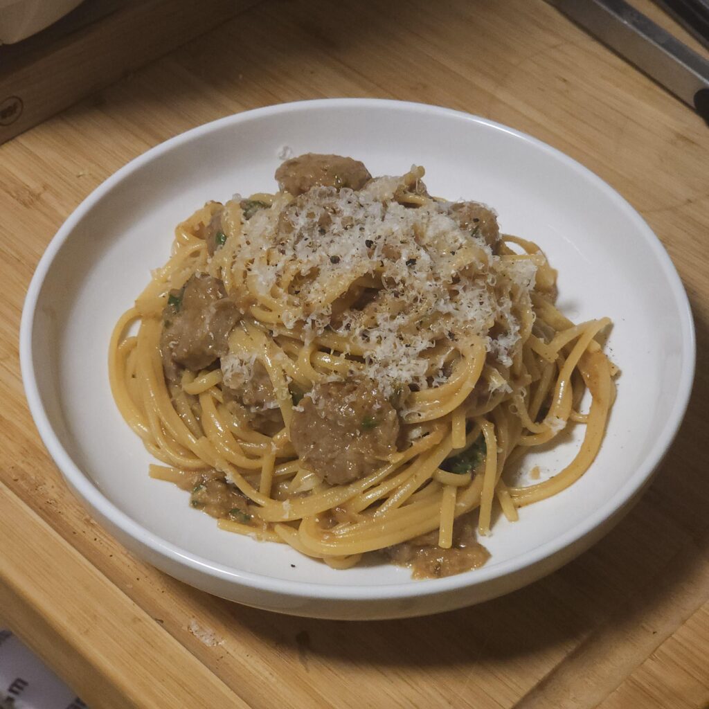 Spaghetti with Bratwurst and Caramelized Onion