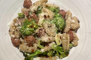 Merguez sausage and broccoli over cavatelli