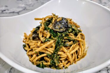 Mushroom Chard Pasta - Mushrooms, Green Chard, Chickpea Linguine, Basil Lemon Garlic Sauce (with Capers, Anchovies, and Parmesan Cheese).