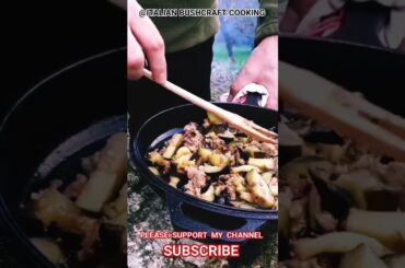 Bushcraft cooking: Spicy Italian sausage and aubergine
