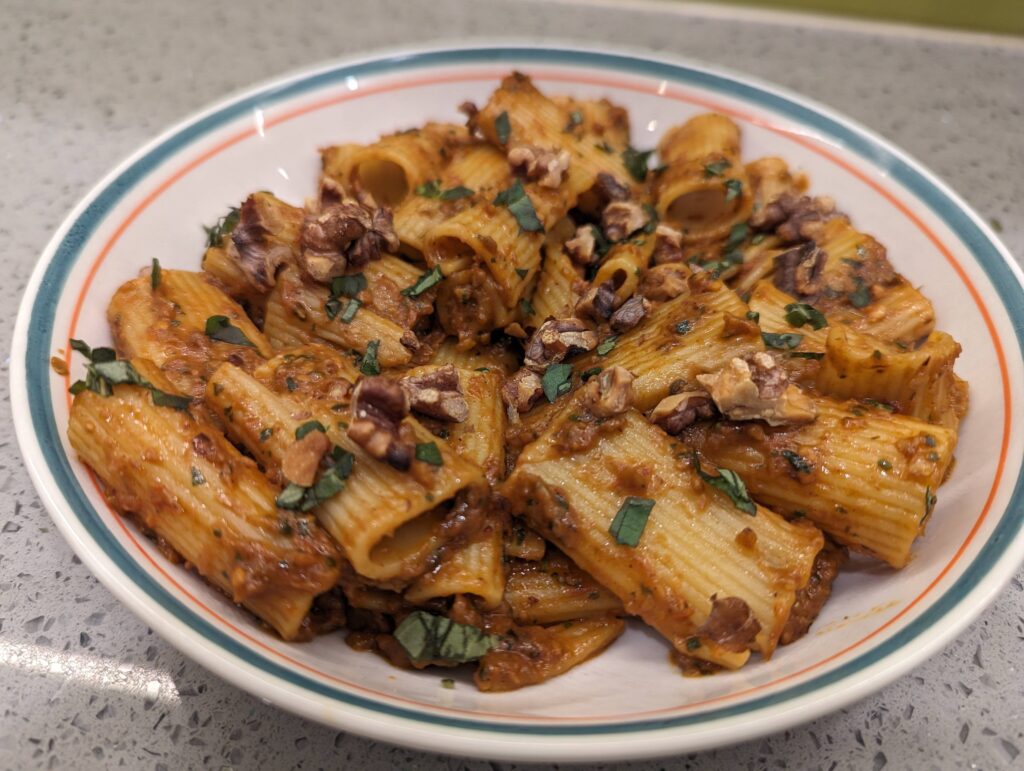 Tonight I made some rigatoni with a roasted eggplant sauce and topped with toasted walnuts