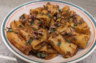Tonight I made some rigatoni with a roasted eggplant sauce and topped with toasted walnuts