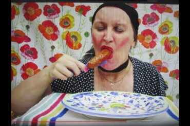 Eating Italian sausage ~ WikiEATia ~ i'm your teacher w. eating sounds!:-)