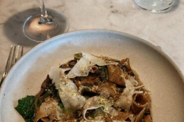 First pasta: Funghetti mushroom ragu w/ spigarello, kale, & cured egg yolk. Second pasta: Duck cappellacci w/ apricot, fava leaves & grilled ricotta