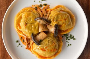 braised short rib ravioli sautéed in truffle butter and king oyster mushrooms and drizzled in braising liquid