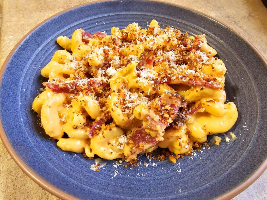 Mac n cheese is pasta, right?  How about with Montreal smoked meat.