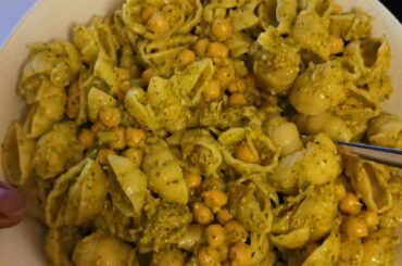 Homemade pastawith chickpeas, pesto and lots of parmesan cheese.
