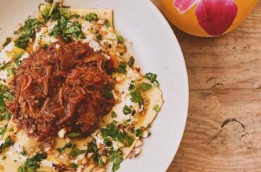 Spinach feta Ravioli with Lamb Ragu
