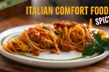 Try this! Italian Comfort Food - Spaghetti with Crispy Pancetta and Spicy Tomato Sauce