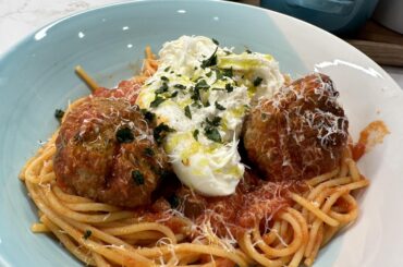 Added burrata to my spaghetti and meatballs
