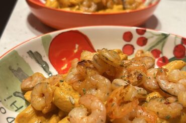 penne rigate with feta sauce and shrimp