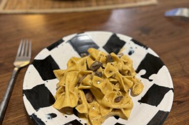 Carbonara made with california smokey cheddar and OO egg bowtie pasta.