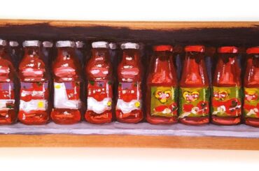 I have a habit of taking pictures of store shelves when I visit grocery stores outside the US. Sometimes, I paint them. In Italy, the selection of passata is marvelous. If anyone has pictures of the pasta shelves, please send my way! (oil painting on oak drawer panel, by me, Rachel Petruccillo)