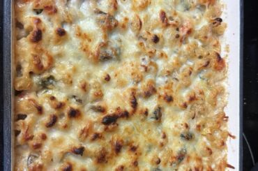 Homemade Cajun Alfredo bake with Crawfish, Mushrooms, and Spinach