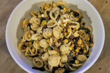 Orrechiette with Pepper Bacon, Corn, Leeks, Jalapenos, Lime, and Queso Fresco