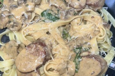 Cajun andouille sausage, mushroom, and spinach pasta