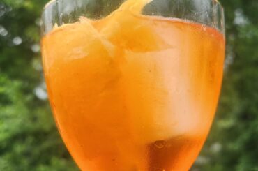 A little prosecco with ice, some aperol, an orange slice and club soda for a nice cool spritz