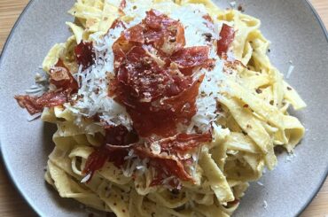 Handmade pasta, Pink peppercorn Carbonara with Crispy Prosciutto for my mom❤️