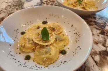 Ricotta/Pesto Raviolo in White Wine Butter Sauce