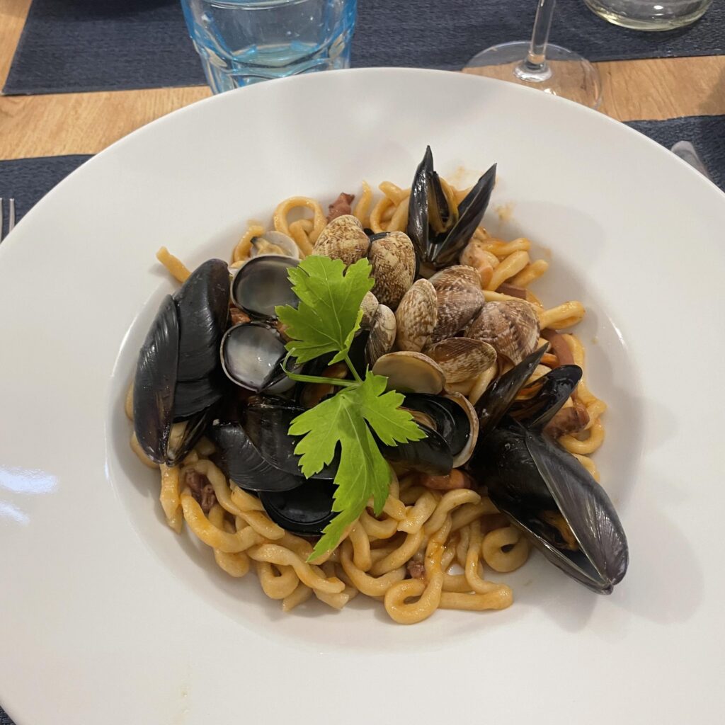 Seafood pasta in Capri Island, Italy.