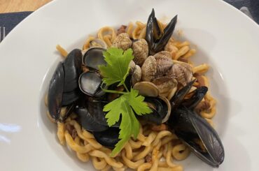 Seafood pasta in Capri Island, Italy.