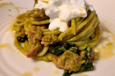 Sausage and pea bucatini