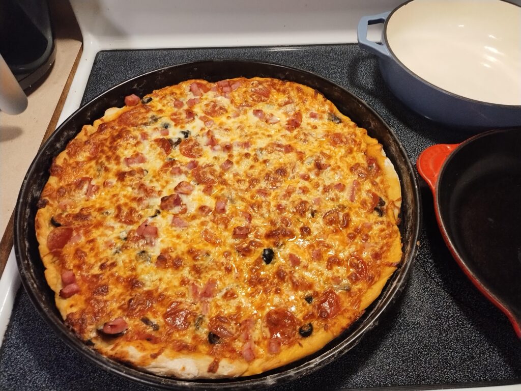 First time using homemade 36hr slow-cooked sauce and 24hr proofed 00 dough. Prosciutto. Pepperoni. Italian sausage. Black olives. Portabello mushrooms. Fresh mozzarella. How'd I do?