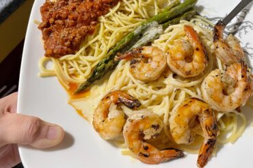 Bolognese and light Alfredo with grilled shrimp