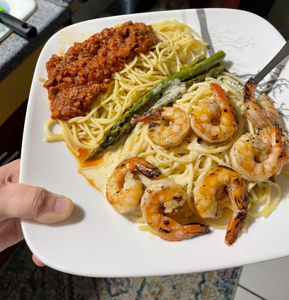 Bolognese and light Alfredo with grilled shrimp