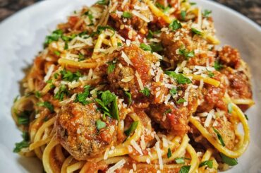 Spaghetti and mini meatballs.