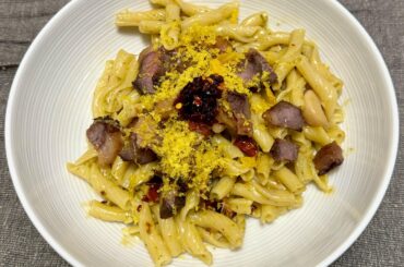 Pesto carbonara with confit garlic, chili crisp cured egg yolks, and leftover dry aged picanha [OC]