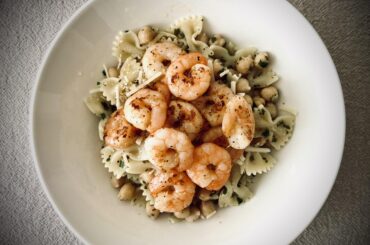 Garlic and Butter Pan-Seared Shrimp, Lemon and Olive Oil Marinated Chickpeas, Lemon and Basil Pasta Salad