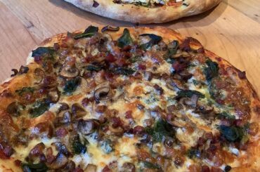 Two. Black pepper pancetta &mushrooms, vs artichoke,feta, roasted red pepper,olive spinach onion & pesto.