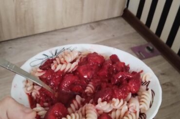 What we eat in Poland on hot days cold pasta with strawberries