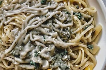 Broccoli pattumiera sauce on spaghetti and poached local mushrooms