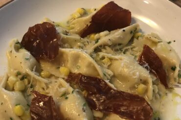 Sweet corn agnolotti, crispy prosciutto, pecorino.