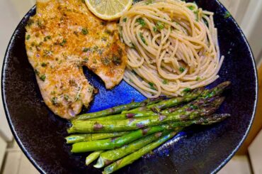 [homemade] Pasta Aglio e Olio with parm crusted tilapia and asparagus