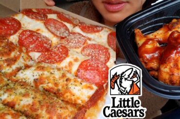 ASMR EATING LITTLE CAESARS PIZZA CAR MUKBANG ( CHEESY PEPPERONI & CHICKEN WING ITALIAN CHEESE BREAD