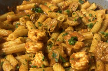 Rigatoni with shrimp, Italian sausage, spicy tomato sauce.