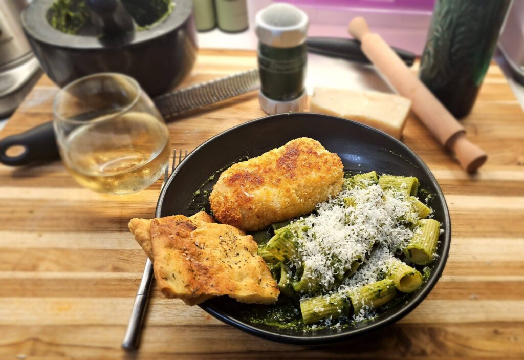 Chicken Kiev with Homemade Pesto Rigatoni and Foccacia Genovese